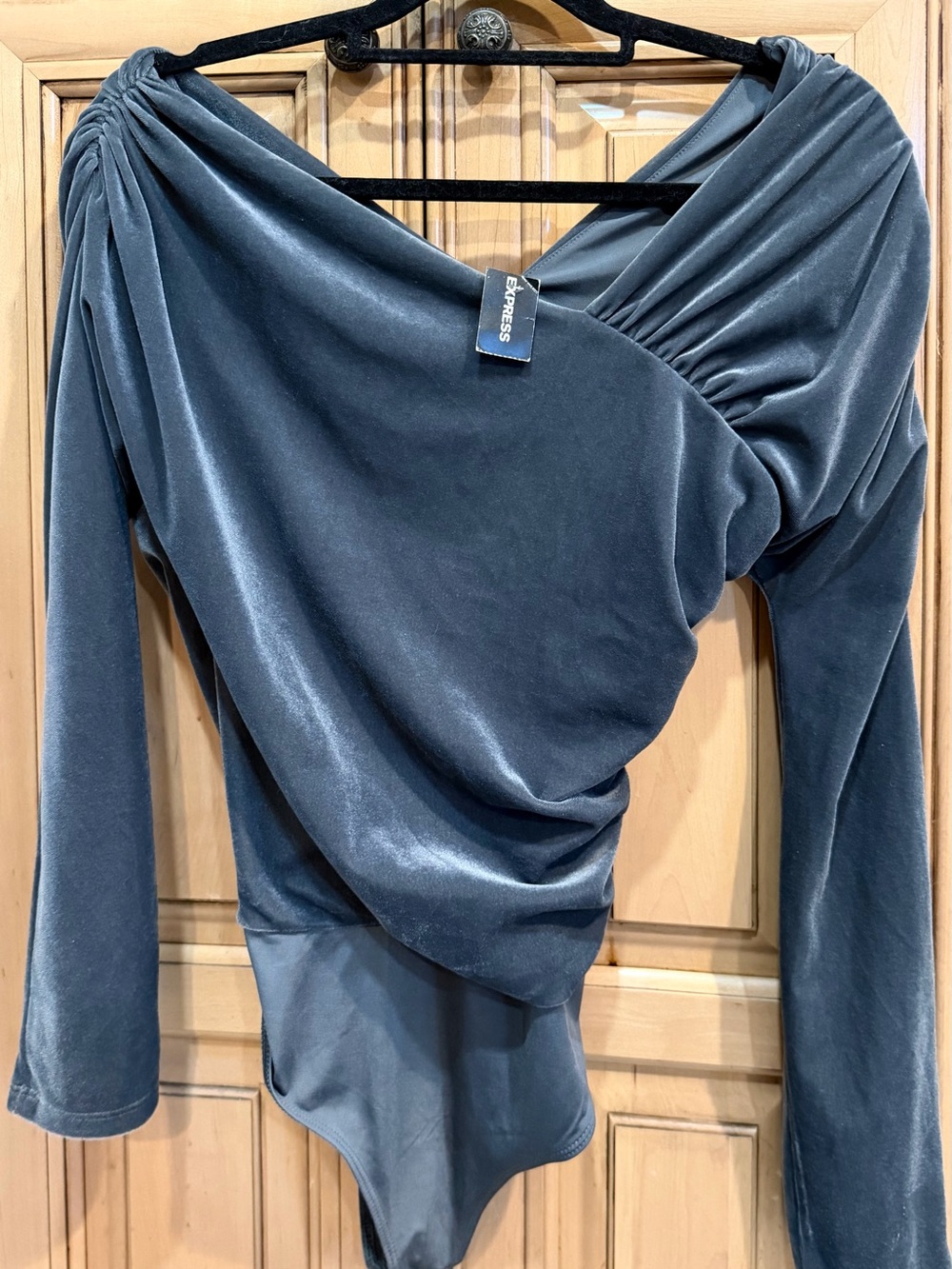 Express Slate Gray Velvet Draped One-Shoulder Bodysuit